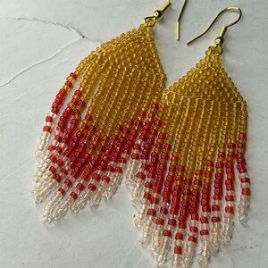 Yellow & Red Beaded Fringe Earrings – Statement Boho Handmade Jewelry